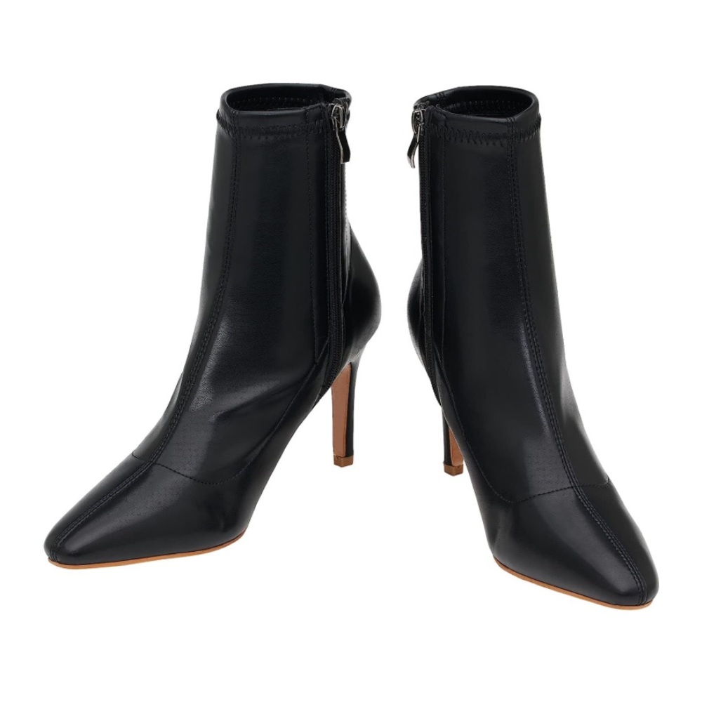 Black Leather Pointed-Toe Ankle Booties - Women's Fashion Booties